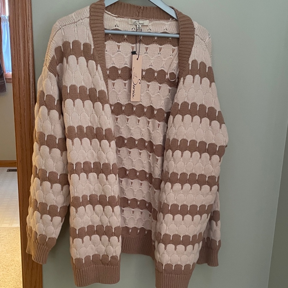 Chunky Knit Open Front Cardigan Sweater - Brown and Cream - Picture 6 of 11